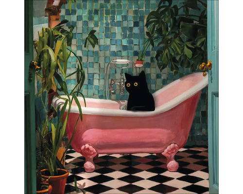 Badezimmer mit rosa Badewanne, Fliesenwand, Zimmerpflanzen und schwarzer Katze
