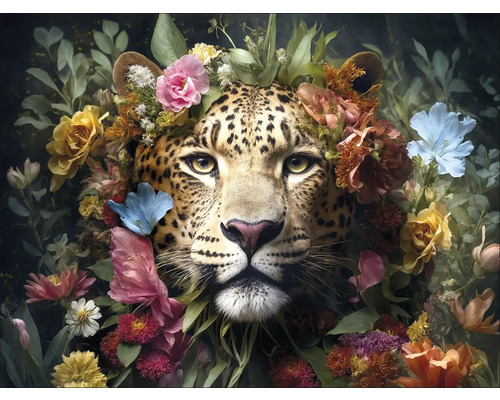 Porträt eines Leoparden umgeben von Blumen