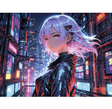 Anime-Figur in futuristischer Stadtkulisse