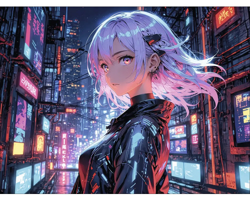 Anime-Figur in futuristischer Stadtkulisse