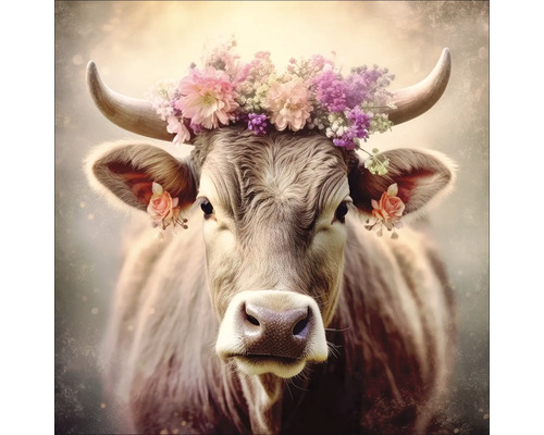 Porträt einer Kuh mit Blumenkranz