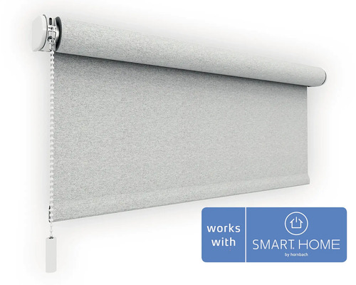 Graues Seitenzugrollo aus strukturiertem Stoff mit Kettenzug, kompatibel mit SMART HOME by hornbach.