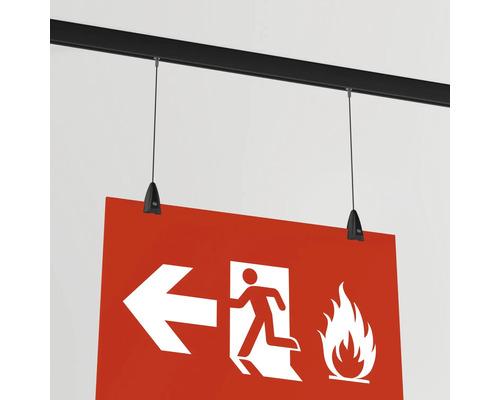 Rettungszeichen mit Symbolen für Notausgang, Fluchtweg links und Feuer