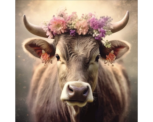 Porträt einer Kuh mit Blumenschmuck auf dem Kopf