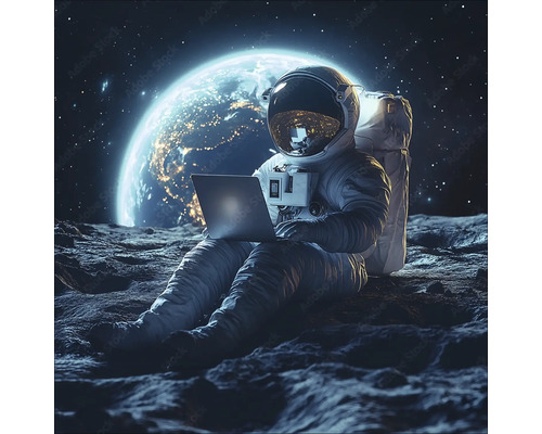 Ein Astronaut sitzt auf dem Mond und benutzt einen Laptop.