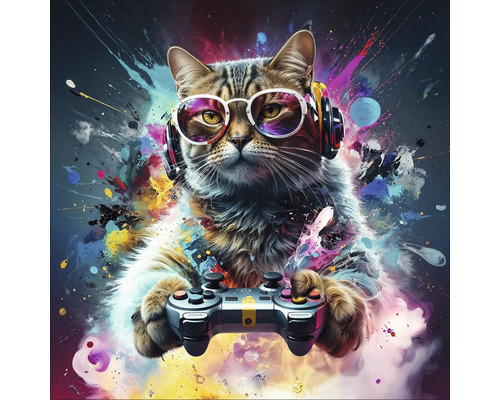 Katze mit Kopfhörern und Brille hält einen Controller
