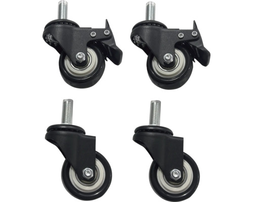 Vier Möbelrollen, zwei davon mit Bremse, mit Gewindezapfen zur Befestigung