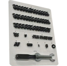 Sortiment an Befestigungselementen mit Schraubenschlüssel in einer Kunststoffverpackung