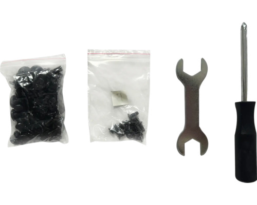 Zwei Beutel mit Schrauben, ein Schraubenschlüssel und ein Schraubendreher