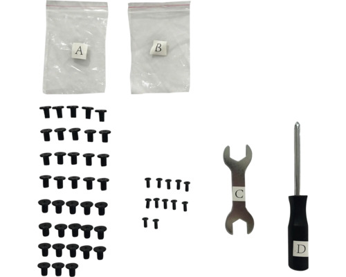 Montageset mit Schrauben, Schraubenschlüssel und Schraubendreher