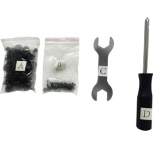 Set mit Kunststoffnieten, Schrauben, Schraubenschlüssel und Schraubendreher