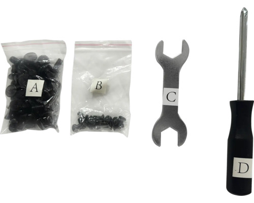 Set mit Kunststoffnieten, Schrauben, Schraubenschlüssel und Schraubendreher