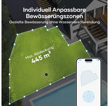 Individuell anpassbare Bewässerungszonen mit maximaler Abdeckung von 445 Quadratmetern, dargestellt auf einem Smartphone.