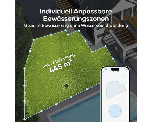 Individuell anpassbare Bewässerungszonen mit maximaler Abdeckung von 445 Quadratmetern, dargestellt auf einem Smartphone.