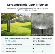 Aiper IrriSense Rasensprenger mit einer Kabellänge von 10 Metern und passender Schlauchgröße von 16 Millimeter oder 19 Millimeter.