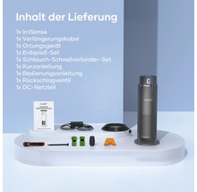 Lieferumfang des Aiper IrriSense Bewässerungssystems mit IrriSense Sensor, Verlängerungskabel, Ortungsgerät, Erdspieß Set, Schlauch Schnellverbinder Set, Kurzanleitung, Bedienungsanleitung, Rückschlagventil und DC-Netzteil