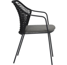 Stuhl mit Armlehne, Rückenlehne mit Kordelbespannung und Sitzkissen