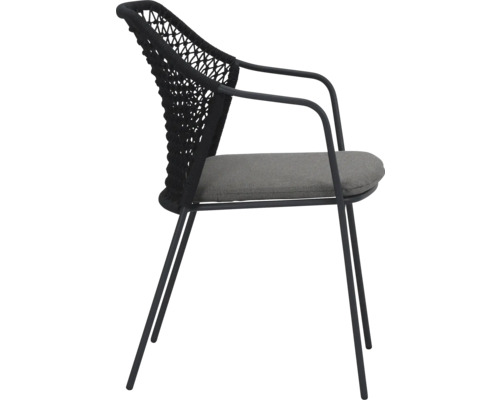 Stuhl mit Armlehne, Rückenlehne mit Kordelbespannung und Sitzkissen