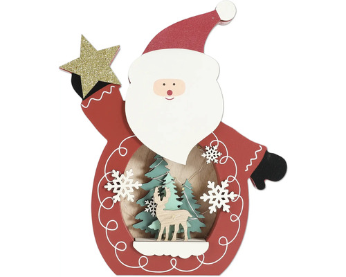 Dekorative Weihnachtsmannfigur aus Holz mit Stern, Bäumen und Reh