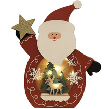 Weihnachtsdekoration aus Holz mit Santa Claus Motiv, Tannenbäumen, Hirsch und Beleuchtung