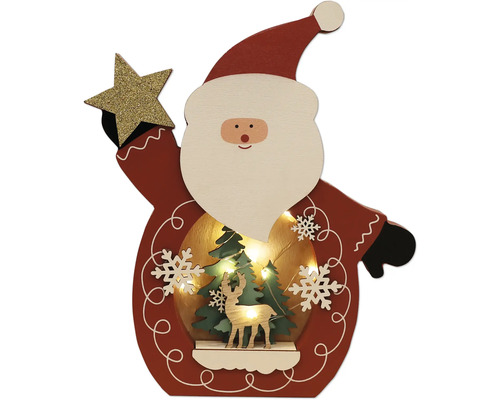 Weihnachtsdekoration aus Holz mit Santa Claus Motiv, Tannenbäumen, Hirsch und Beleuchtung