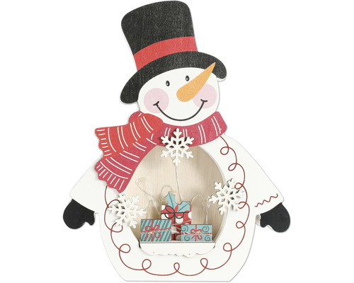 Dekorativer Schneemann mit LED-Beleuchtung und Geschenken für die Weihnachtszeit