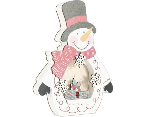 Dekorativer Schneemann aus Holz mit Beleuchtung und Geschenkboxen