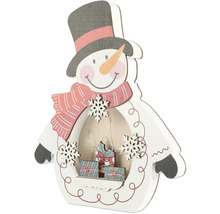 Dekofigur Schneemann aus Holz mit LED-Beleuchtung und Geschenk-Motiven