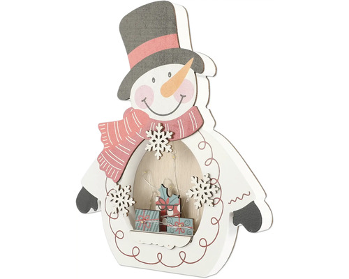 Dekofigur Schneemann aus Holz mit LED-Beleuchtung und Geschenk-Motiven