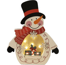 Dekorativer Schneemann aus Holz mit Beleuchtung und Geschenkboxen