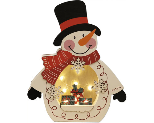 Dekorativer Schneemann aus Holz mit Beleuchtung und Geschenkboxen