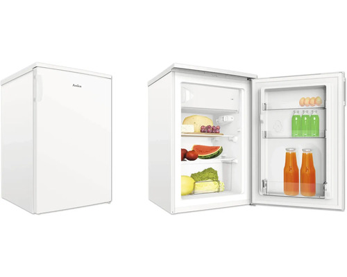 Amica Kühlschrank mit geöffneter Tür und Lebensmitteln