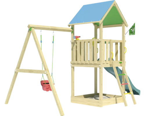 Einzelschaukel Spielhaus mit Stelzen Jungle Gym 444 x 267 cm Holz bestehend aus Fahne,Fernrohr,Grundturm,Handgriff,Kopfschutz,Leiter,Lenkrad,Schaukel,Rutsche,Sandkasten Spielturm mit Schaukel und Rutsche aus Holz