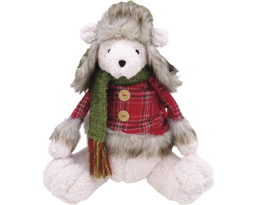 Plüschbär Eisbär mit Mütze H 36 cm Kunststoff Plüschtier Bär mit Mütze, Schal und kariertem Hemd