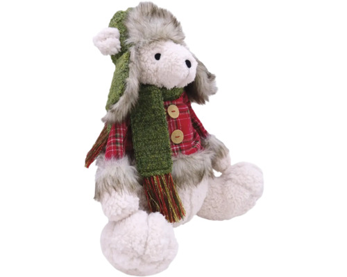 Dekorative Plüschfigur eines sitzenden Lamms mit Mütze und Schal