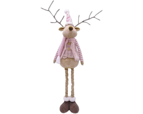 Plüschfigur Lafiora Rentier mit Teleskopbeinen H 88 cm braun rot weiß Dekofigur Rentier mit Mütze, Schal und Weste
