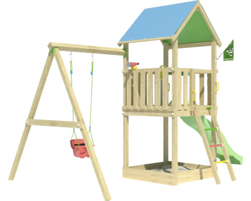 Einzelschaukel Spielhaus mit Stelzen Jungle Gym 444 x 267 cm Holz bestehend aus Fahne, Fernrohr, Grundturm, Handgriff, Kopfschutz, Leiter, Lenkrad, Schaukel, Rutsche, Sandkasten grün Spielturm mit Schaukel, Rutsche und Sandkasten
