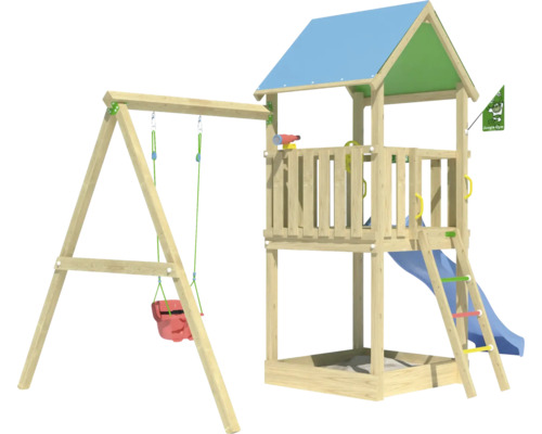 Einzelschaukel Spielhaus mit Stelzen Jungle Gym 444 x 267 cm Holz bestehend aus Fahne, Fernrohr, Grundturm, Handgriff, Kopfschutz, Leiter, Lenkrad, Schaukel, Rutsche, Sandkasten blau Spielturm mit Schaukel, Rutsche, Sandkasten und Jungle Gym Logo