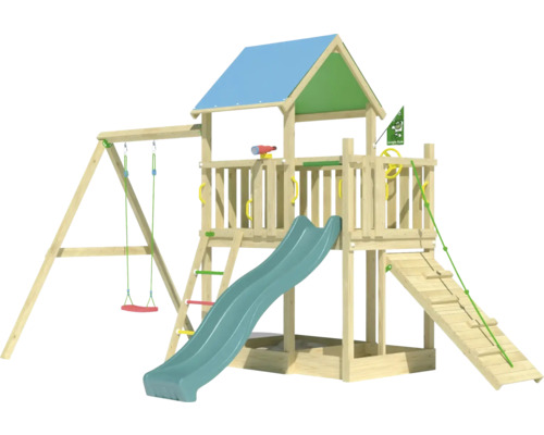 Einzelschaukel Spielhaus mit Stelzen Jungle Gym 451 x 295 cm Holz bestehend aus 1 Brettschaukel, Rutsche, Handgriff, Leiter, Klettertau, Fahne, Leitersprossen, Fernrohr, Sandkasten, Lenkrad grün Spielturm aus Holz mit Rutsche, Schaukel und Kletterleiter