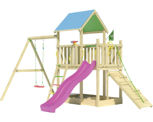 Einzelschaukel Spielhaus mit Stelzen Jungle Gym 451 x 295 cm Holz bestehend aus 1 Brettschaukel, Rutsche, Handgriff, Leiter, Klettertau, Fahne, Leitersprossen, Fernrohr, Sandkasten, Lenkrad rosa Spielturm aus Holz mit Rutsche, Schaukel und Klettergerüst