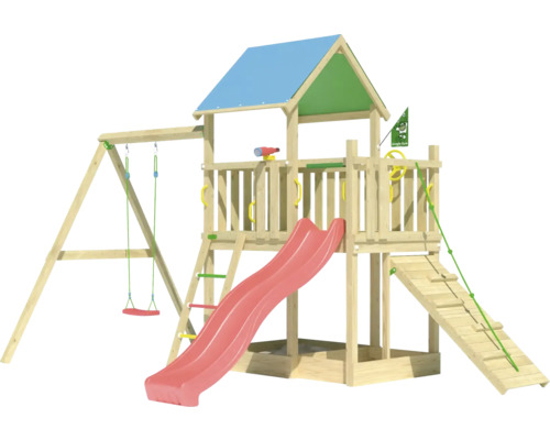 Einzelschaukel Spielhaus mit Stelzen Jungle Gym 451 x 295 cm Holz bestehend aus 1 Brettschaukel, Rutsche, Handgriff, Leiter, Klettertau, Fahne, Leitersprossen, Fernrohr, Sandkasten, Lenkrad rot Spielturm aus Holz mit Schaukel, Rutsche und Kletterwand