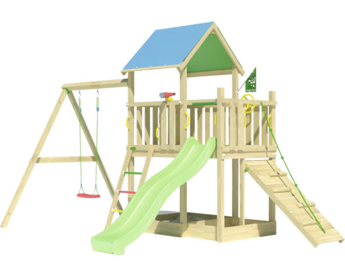 Einzelschaukel Spielhaus mit Stelzen Jungle Gym 451 x 295 cm Holz bestehend aus 1 Brettschaukel, Rutsche, Handgriff, Leiter, Klettertau, Fahne, Leitersprossen, Fernrohr, Sandkasten, Lenkrad hellgrün Spielturm aus Holz mit Schaukel, Rutsche und Kletterwand