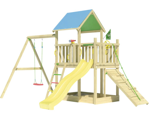 Einzelschaukel Spielhaus mit Stelzen Jungle Gym 451 x 295 cm Holz bestehend aus 1 Brettschaukel, Rutsche, Handgriff, Leiter, Klettertau, Fahne, Leitersprossen, Fernrohr, Sandkasten, Lenkrad gelb Spielturm aus Holz mit Schaukel, Rutsche und Klettergerüst