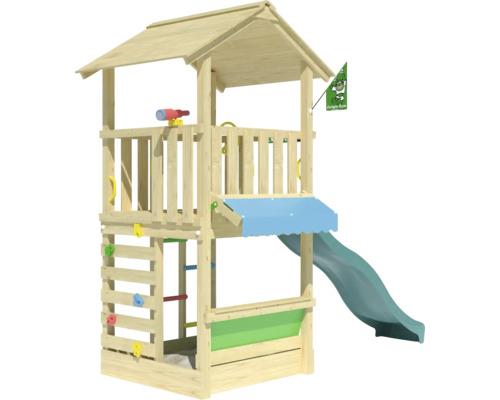 Spielhaus mit Stelzen Jungle Gym 311 x 157 cm Holz grün bestehend aus Fahne, Leiter, Lenkrad, Fernrohr, Klettersteine, Sandkasten, Rutsche, Kaufmannsladen, Handgriff Spielturm mit Rutsche, Kletterwand und Aussichtsplattform für Kinder