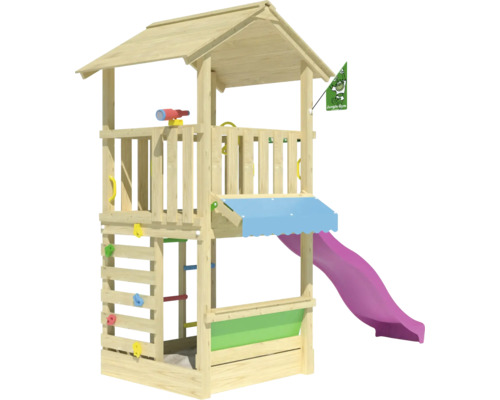 Spielhaus mit Stelzen Jungle Gym 311 x 157 cm Holz bestehend aus Fahne, Leiter, Lenkrad, Fernrohr, Klettersteine, Sandkasten, Rutsche, Kaufmannsladen, Handgriff rosa Spielturm aus Holz mit Rutsche, Kletterwand und Spielhaus