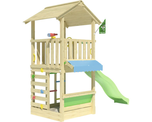 Spielhaus mit Stelzen Jungle Gym 311 x 157 cm Holz bestehend aus Fahne, Leiter, Lenkrad, Fernrohr, Klettersteine, Sandkasten, Rutsche, Kaufmannsladen, Handgriff Spielturm aus Holz mit Rutsche, Kletterwand und Sandkasten