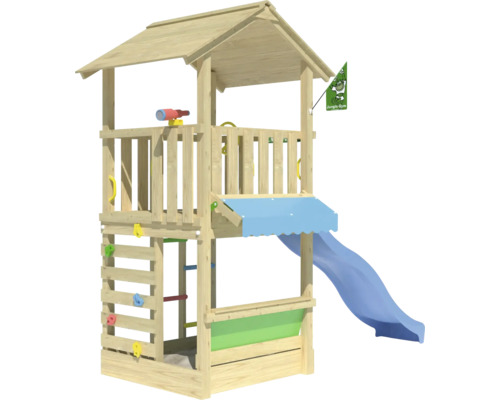 Spielhaus mit Stelzen Jungle Gym 311 x 157 cm Holz blau bestehend aus Fahne, Leiter, Lenkrad, Fernrohr, Klettersteine, Sandkasten, Rutsche, Kaufmannsladen, Handgriff Spielturm aus Holz mit Rutsche, Kletterwand und Ausguck
