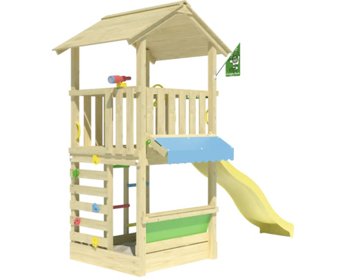 Spielhaus mit Stelzen Jungle Gym 311 x 157 cm Holz gelb bestehend aus Fahne, Leiter, Lenkrad, Fernrohr, Klettersteine, Sandkasten, Rutsche, Kaufmannsladen, Handgriff Spielturm aus Holz mit Rutsche, Kletterwand und Jungle Gym Logo