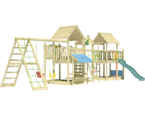 Doppelschaukel Spielhaus mit Stelzen Jungle Gym 954 x 342 cm Holz dunkelgrün Holzspielplatz mit Schaukeln, Rutsche und Klettergerüst