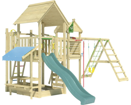 Doppelschaukel Spielhaus mit Stelzen Jungle Gym 652 x 464 cm Holz dunkelgrün Spielturm aus Holz mit Rutsche, Schaukel und Kletterleiter